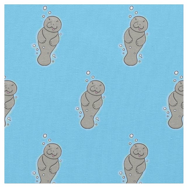 Cute baby manatee with bubbles illustration fabric (Close Up)