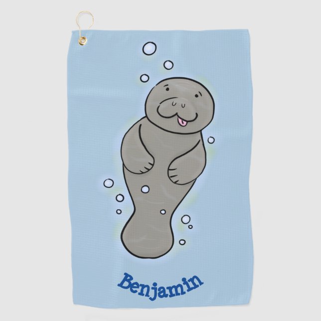 Cute baby manatee with bubbles illustration  golf towel (Front)