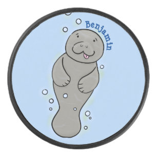 Cute baby manatee with bubbles illustration hockey puck