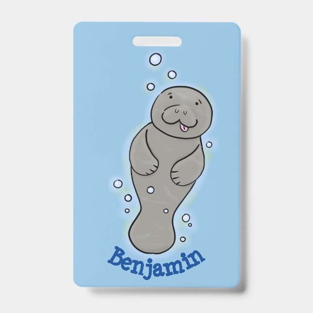 Cute baby manatee with bubbles illustration ID badge (Front)