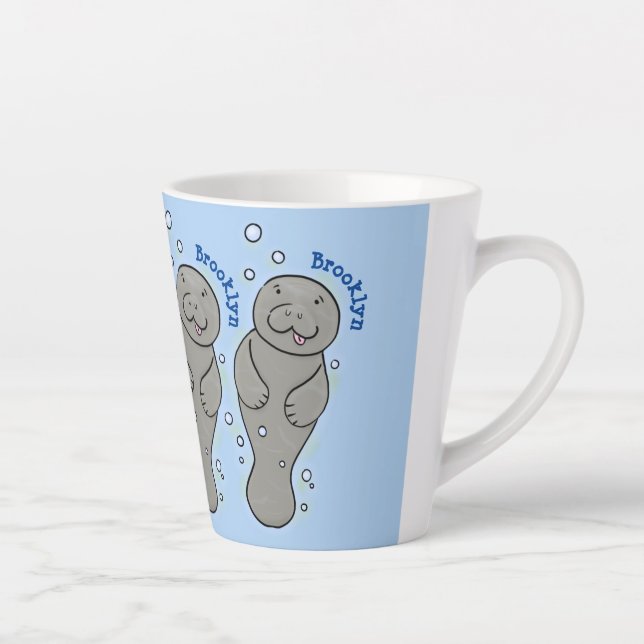 Cute baby manatee with bubbles illustration latte mug (Right)