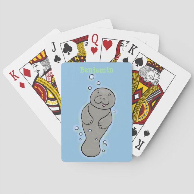 Cute baby manatee with bubbles illustration playing cards (Back)