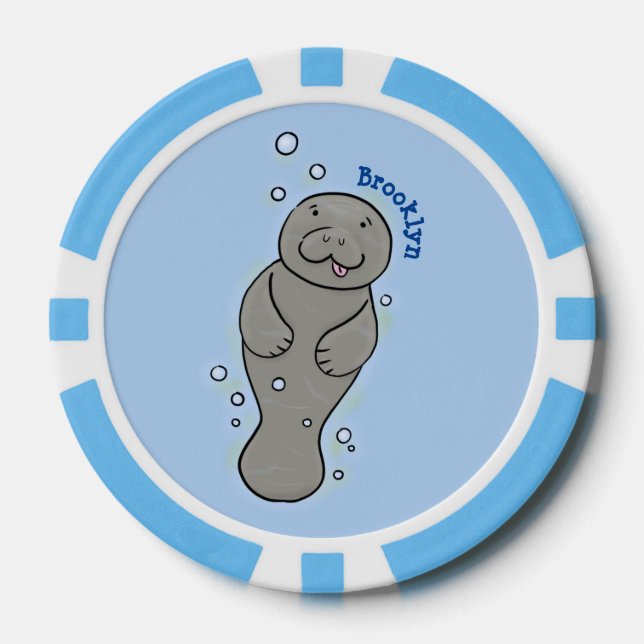 Cute baby manatee with bubbles illustration poker chips (Front)