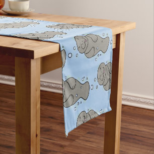 Cute baby manatee with bubbles illustration short table runner