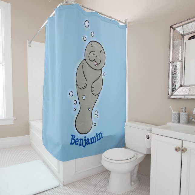 Cute baby manatee with bubbles illustration  shower curtain (In Situ)