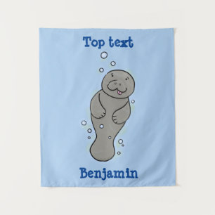 Cute baby manatee with bubbles illustration tapestry