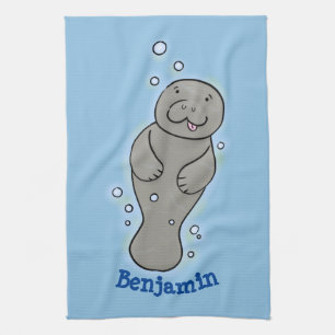 Cute baby manatee with bubbles illustration tea towel