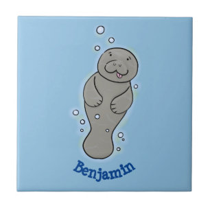 Cute baby manatee with bubbles illustration tile