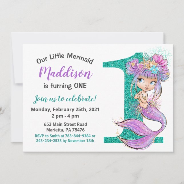 Cute Baby Mermaid 1st Birthday Invitation (Front)