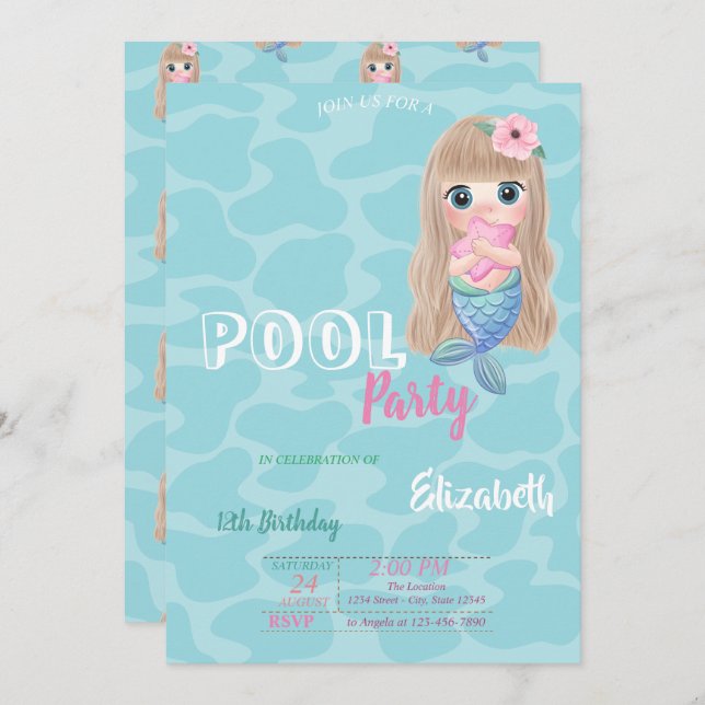 Cute Baby Mermaid Pool Birthday Party Invitation (Front/Back)