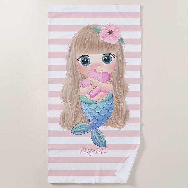Cute Baby Mermaid , Stripes Beach Towel (Front)
