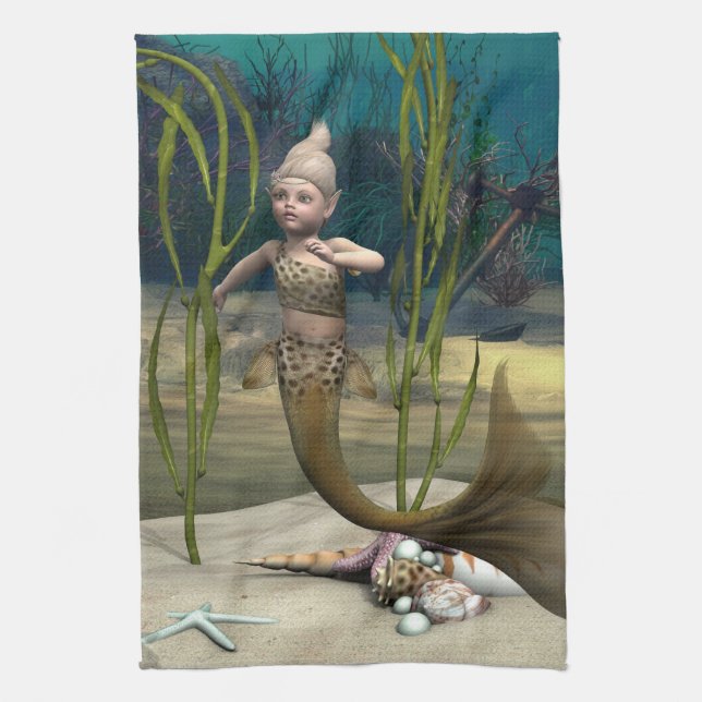 Cute Baby Mermaid Tea Towel (Vertical)
