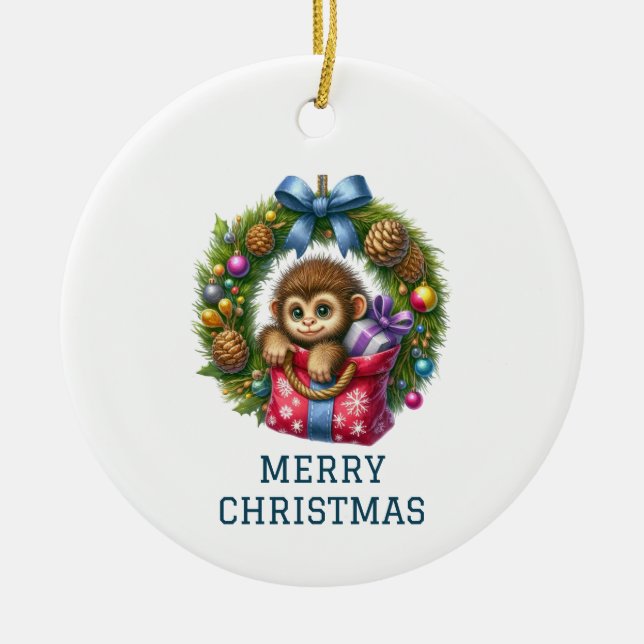 Cute Baby Monkey Christmas Ceramic Tree Decoration (Front)