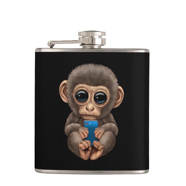 Cute Baby Monkey Holding a Cell Phone Black Hip Flask (Front)