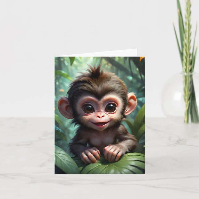 Cute Baby Monkey in Jungle Forest Illustration  Card (Front)