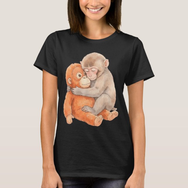Cute Baby Monkey Named Punch Plush Hugging T-Shirt (Front)