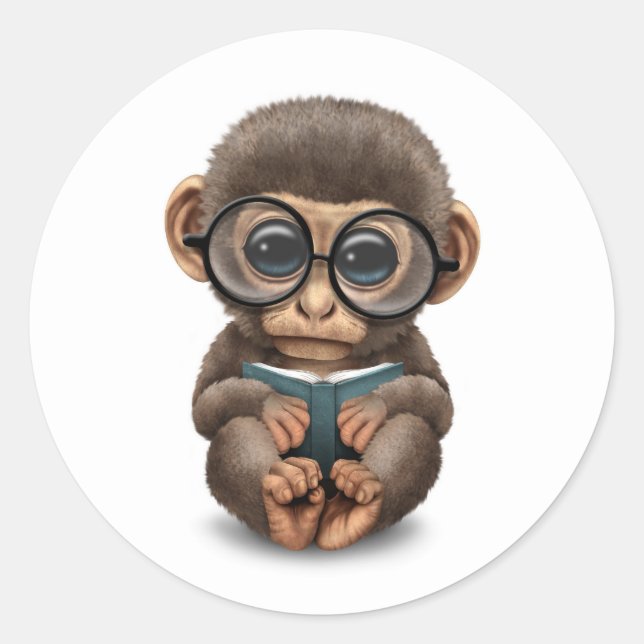 Cute Baby Monkey Reading a Book on White Classic Round Sticker (Front)