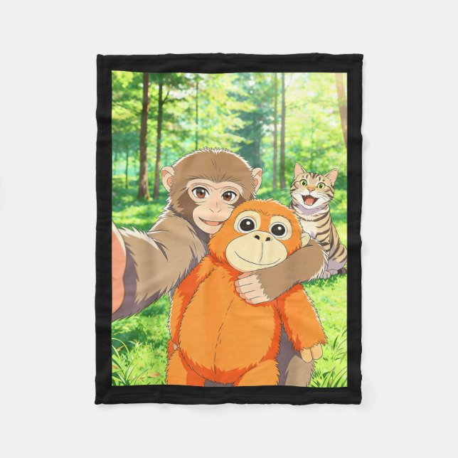 Cute baby monkey selfie with cat meme  fleece blanket (Front)
