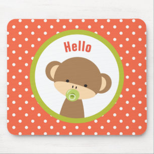 Cute Baby Monkey with a Pacifier on Polka Dots Mouse Pad