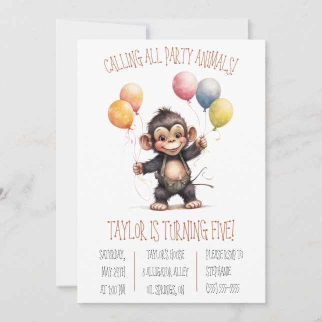 Cute Baby Monkey with Balloons Birthday Party Invitation (Front)