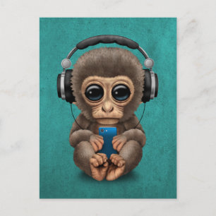 Cute Baby Monkey With Cell Phone Wearing Headphone Postcard