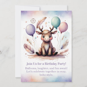 Cute baby Moose Birthday Invitation Woodland Boho 