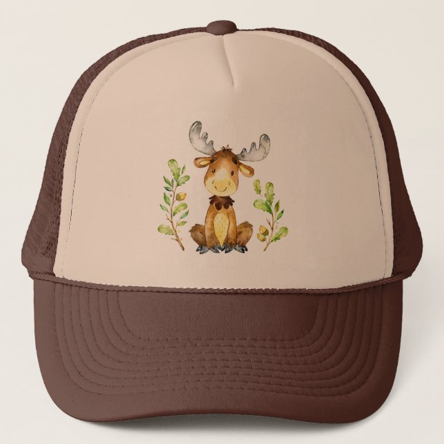Cute baby Moose Watercolors Illustration Trucker Hat (Front)