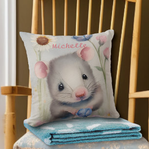 Cute Baby Mouse Pastel Watercolor Spring Flowers Cushion