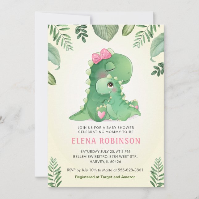 Cute Baby Mummy Dinosaur Girl Baby Shower Sprinkle Invitation (Front)