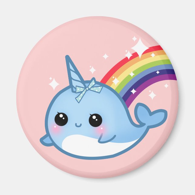 Cute baby narwhal with rainbow and stars on pink magnet (Front)