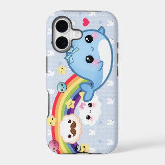 Cute baby narwhal with rainbow, clouds and stars