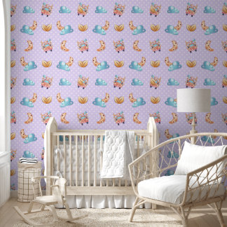 Cute Baby Nursery Animal Ride Lilac Pastel Wallpaper