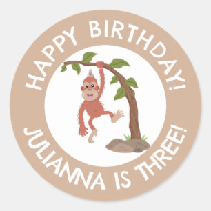 Cute baby orangutan cartoon birthday personalised classic round sticker