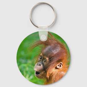 Cute baby orangutan looks on in wonder key ring