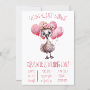 Cute Baby Ostrich with Balloons Birthday Party Invitation