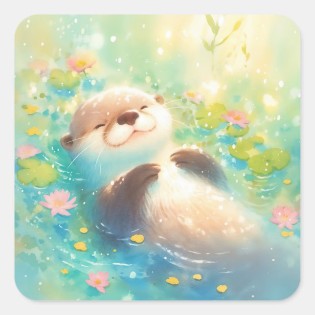 Cute Baby Otter Floating in Sunlit Blue Pond Square Sticker (Front)