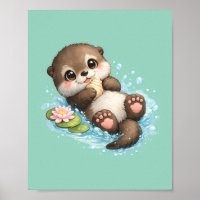 Cute Baby Otter Floating in Water Mint Green
