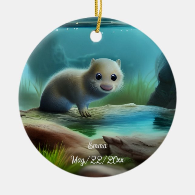 Cute baby otter in pond - personalizable  ceramic tree decoration (Front)