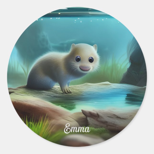 Cute baby otter in pond - personalizable    classic round sticker (Front)