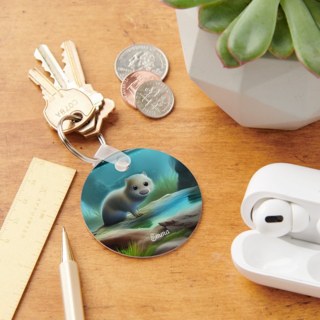 Cute baby otter in pond - personalizable   key ring (Desk)