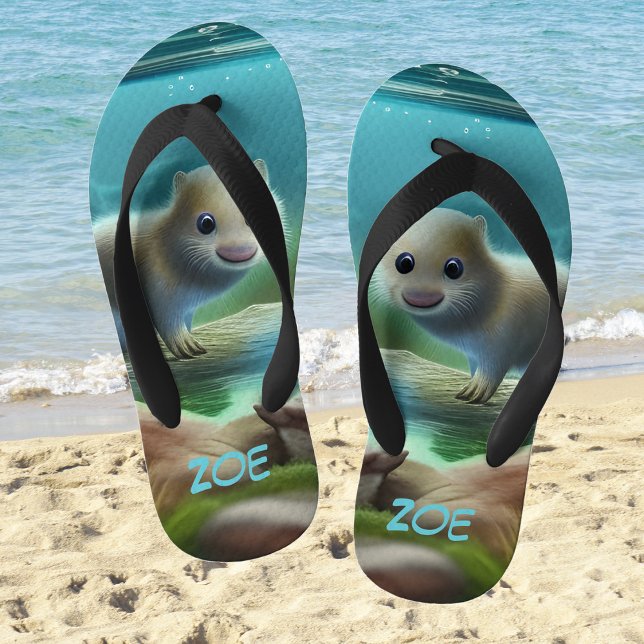 Cute baby otter in pond - personalizable  kid's jandals (Creator Uploaded)