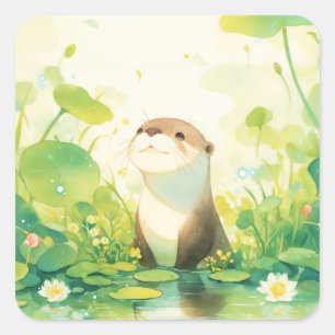 Cute Baby Otter in Pond with Large Green Lily Pads Square Sticker