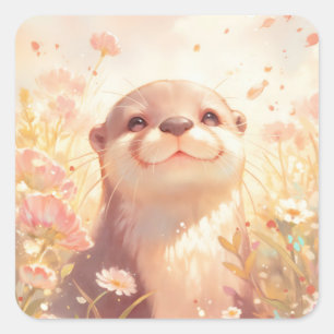 Cute Baby Otter Smiling in Sunlit Meadow Square Sticker
