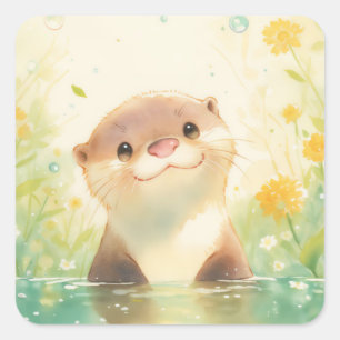 Cute Baby Otter Smiling in Sunlit Pond with Flower Square Sticker