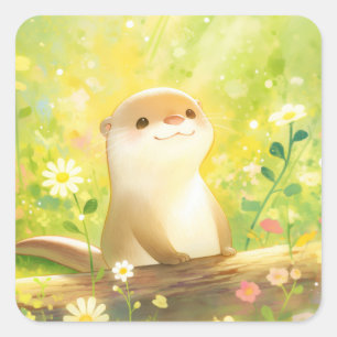 Cute Baby Otter Standing Behind Log with Flowers Square Sticker