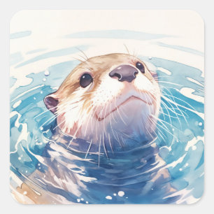 Cute Baby Otter Swimming in Blue Water Ripples Square Sticker