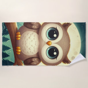 Cute baby owl at night with moon beach towel
