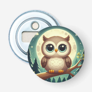 Cute baby owl at night with moon bottle opener
