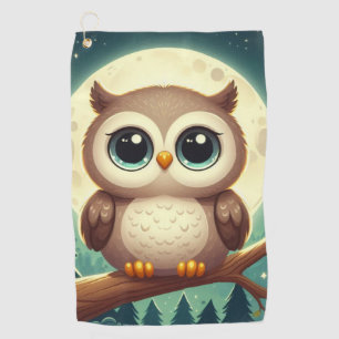 Cute baby owl at night with moon golf towel