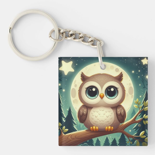 Cute baby owl at night with moon key ring (Front)